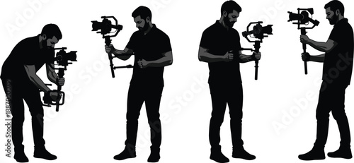 Professional videographer silhouette set operating DSLR camera on gimbal stabilizer for media production and filmmaking vector collection