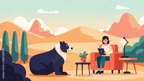 Woman in armchair with laptop and dog in a desert landscape