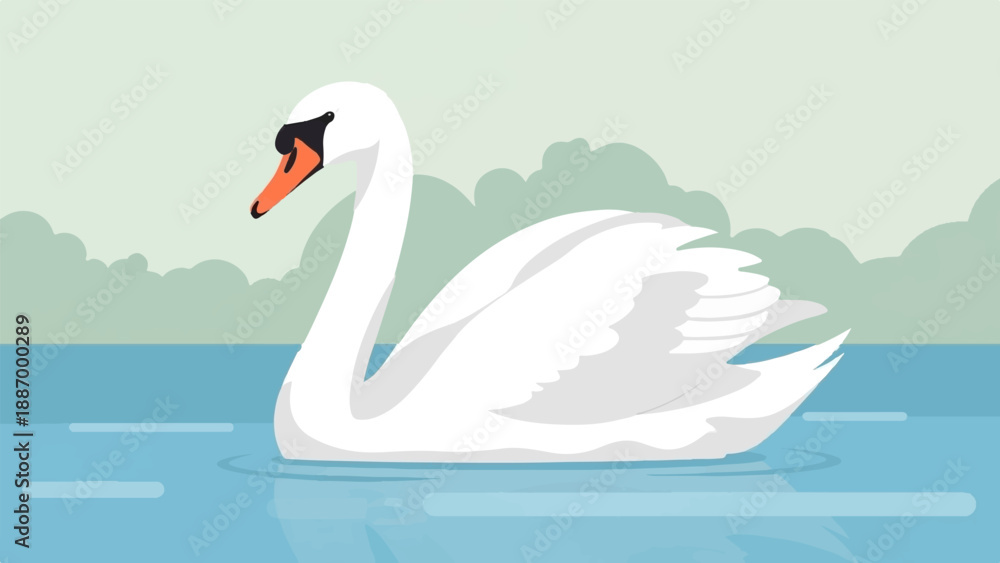 Fototapeta premium White swan glides serenely on blue water with soft green clouds