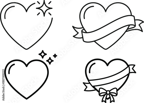 Collection of Simple Outline Heart Icons with Banners, Ribbons, and Sparkles Representing Love, Romance, and Affection in a Minimalist Vector Style