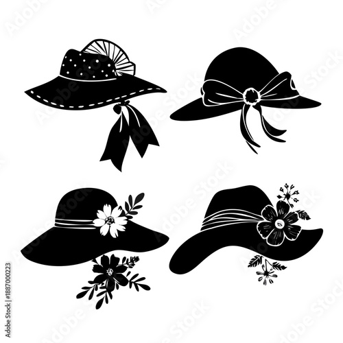Elegant black silhouette women summer hats collection with floral ribbon sunburst designs vintage fashion vector illustration set for adobe stock
