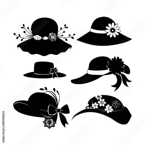 Elegant black silhouette women summer hats collection with floral ribbon sunburst designs vintage fashion vector illustration set for adobe stock
