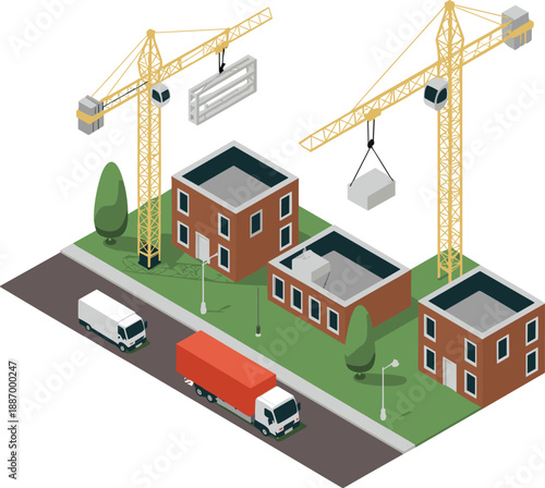 Isometric construction site illustration, tower cranes lifting concrete blocks, residential buildings development, urban infrastructure, architecture engineering concept design