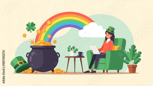 Woman in green hat on armchair with laptop, rainbow, pot of gold, and plants