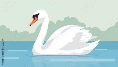 White swan glides serenely on blue water with soft green clouds
