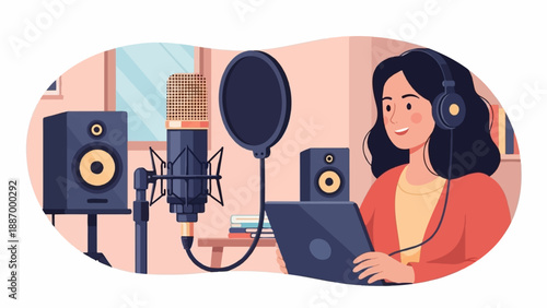Woman in headphones using tablet in sound recording studio