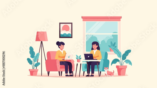Two women working on laptops at home with a cat and plants