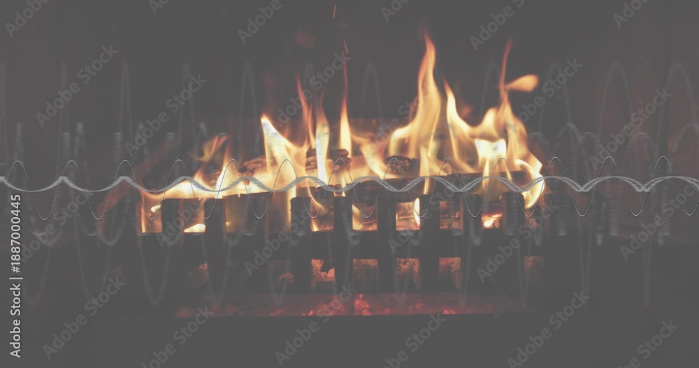 Fototapeta premium Flickering flames in home fireplace with metal grate, charred logs, embers, and waveform overlay