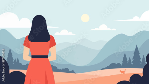 Woman in red dress gazes at a distant mountain landscape with a small animal