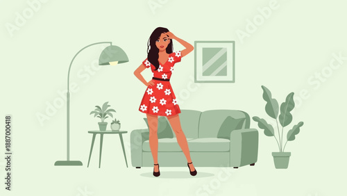 Woman in red floral dress posing in a living room with plants