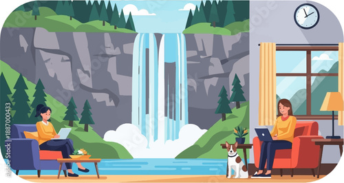 Two women work remotely near a waterfall with a dog nearby