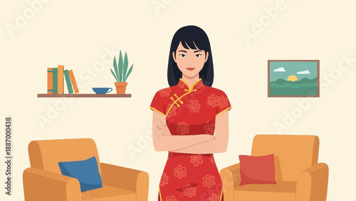 Woman in red traditional dress with arms crossed in living room setting