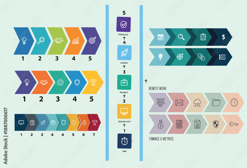 Fototapeta premium Infographic Templates with Colorful Arrows and Icons in Modern Flat Design with Soft Gradient Colors for Business Presentations
