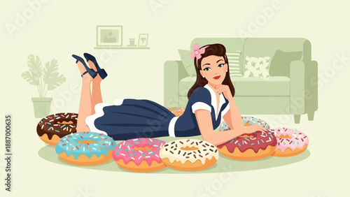Woman in retro dress with assorted donuts and sofa
