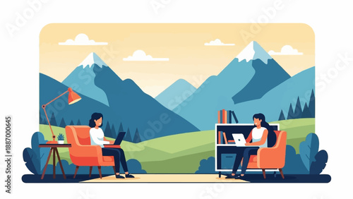 Two women work on laptops with mountains and trees in the background