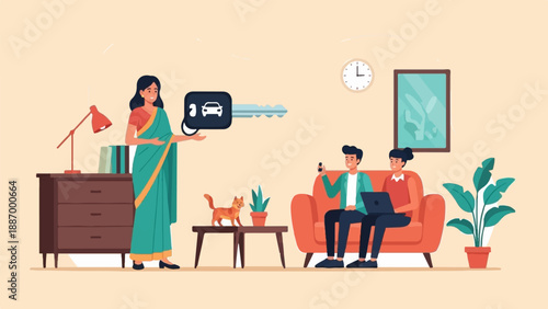 Woman in saree gives car keys to couple relaxing on sofa