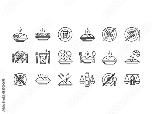 Comprehensive Islamic Dietary Laws and Halal Food Regulations Vector Line Icon Collection