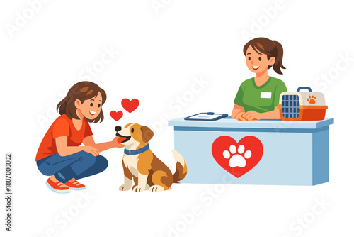 Woman interacts with dog at veterinary clinic while staff provides care and support during the visit