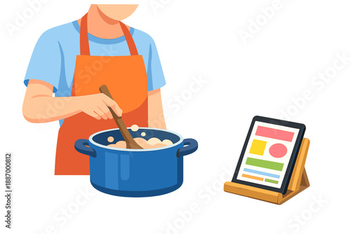 Person stirs a pot while following a recipe on a tablet during a cooking activity in a kitchen setting