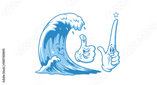 Hand pointing upwards with ocean wave and star.