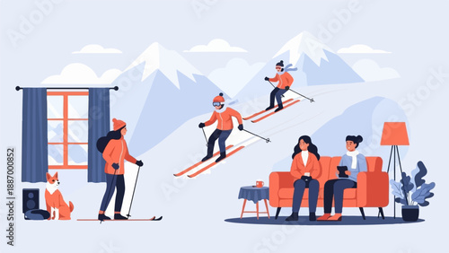 Winter mountain scene skiers on slopes, people indoors with dog, and plant
