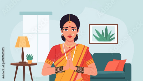 Woman in traditional clothing greets with folded hands