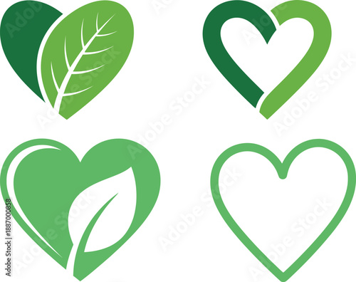 A vibrant collection of green heart graphic designs, each uniquely blending organic leaf elements and abstract shapes to symbolize health, nature, and affectionate well-being