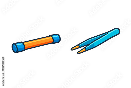 Colored tool set includes a blue tweezer and an orange stick used for various tasks in crafting or repairing activities