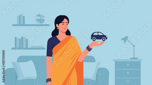 Woman in yellow sari holds a miniature car, indoor setting