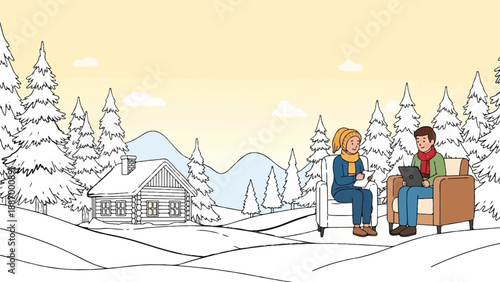 Winter scene with a cabin, snow-covered trees, and two people relaxing