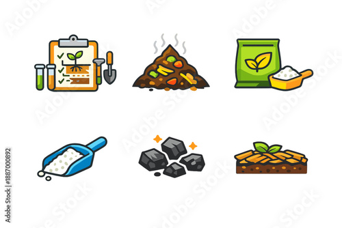 Various elements of gardening and agriculture are shown, including soil, plants, and materials involved in growth and cultivation