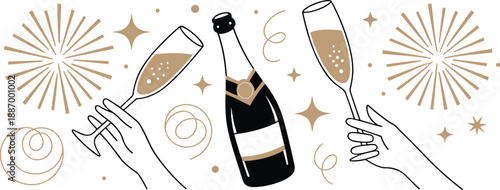 Champagne celebration border illustration, sparkling wine bottles and glasses, festive party decoration, luxury holiday background, elegant New Year design