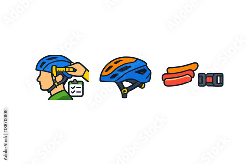 Steps to fit a bicycle helmet on a rider's head while checking for proper size and adjustment using a buckle for safety in a recreational area