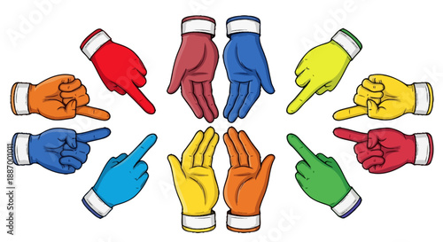 Colorful hands pointing in different directions.