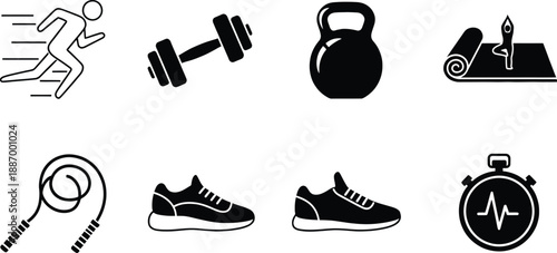Collection of fitness and gym equipment icons including running man, dumbbell, kettlebell, yoga mat, jump rope, sneakers, and stopwatch for workout.
