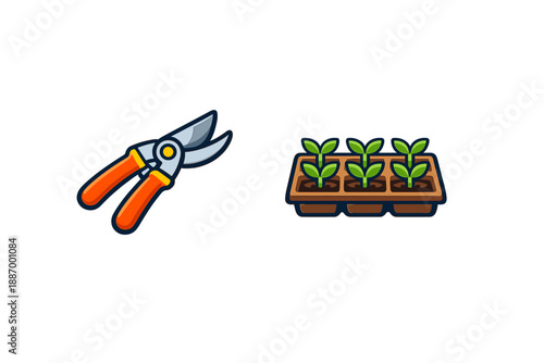 Gardening tools and seedlings on a white background for planting and nurturing plants during spring season