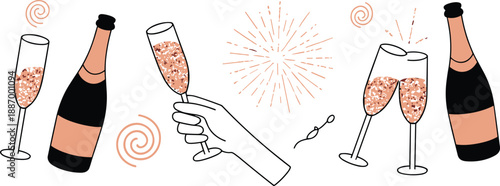 Champagne celebration border illustration, sparkling wine glasses and bottles, festive toast pattern, luxury party decoration, elegant holiday background design