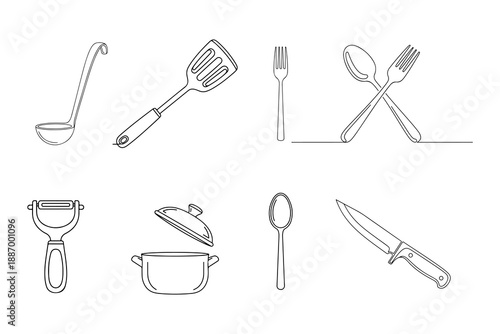 Minimal line art kitchen utensils set isolated on white background