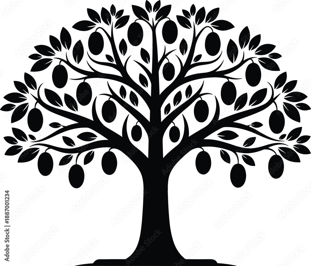 Obraz premium Symmetrical black tree silhouette with oval fruits and lush leaves for organic branding agriculture and environmental conservation vector illustration