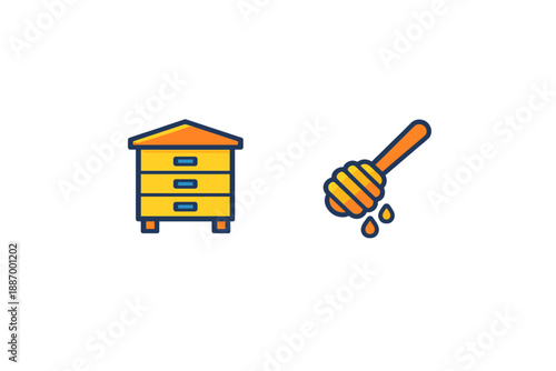 Bee hive and honey dipper with honey in drops are shown in clear design, representing the process of honey production and the role of bees in nature