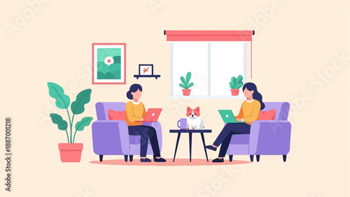 Two women work on laptops while a dog sits on a table between them