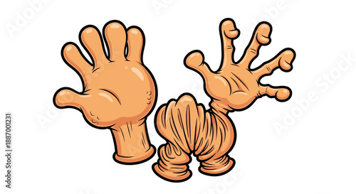 Cartoon hands with fingers and palms raised in a playful gesture.
