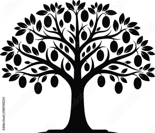 Symmetrical black tree silhouette with oval fruits and lush leaves for organic branding agriculture and environmental conservation vector illustration