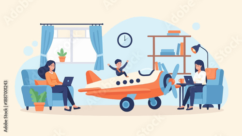 Two women work on laptops while a child rides a toy airplane indoors
