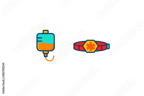 Medical equipment is shown with an IV bag and emergency belt in a simple design for educational or informational purposes