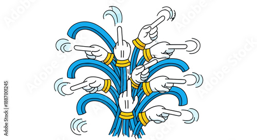 Multiple hands pointing fingers in various directions with blue ribbons.