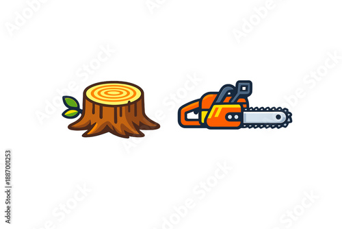 Chainsaw and tree stump by a worker in a forest during the day engaged in logging and wood cutting tasks in a natural setting
