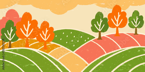 A whimsical autumn landscape featuring rolling hills and colorful trees