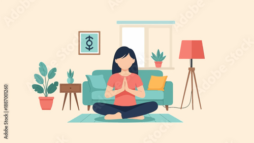 Woman meditates in a living room with plants and a lamp