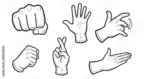 Collection of Hand Gestures in Simple Line Art Style.
